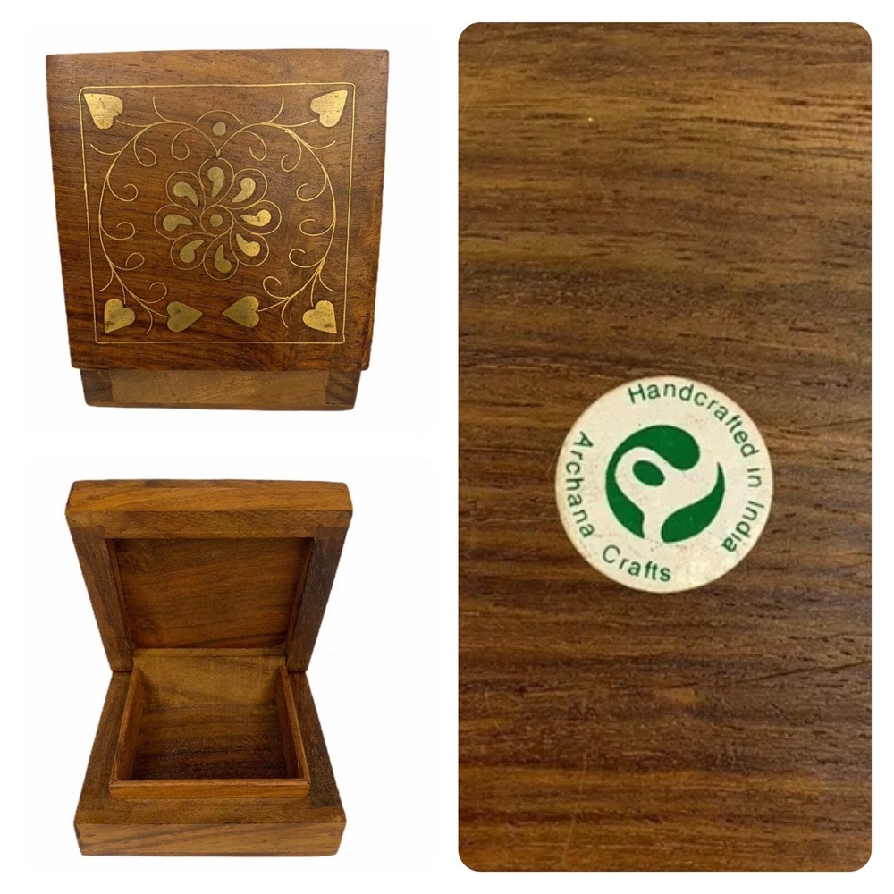 Archana Crafts Handcrafted Wood Trinket Box Floral Inlay Jewelry Boho Square 3in